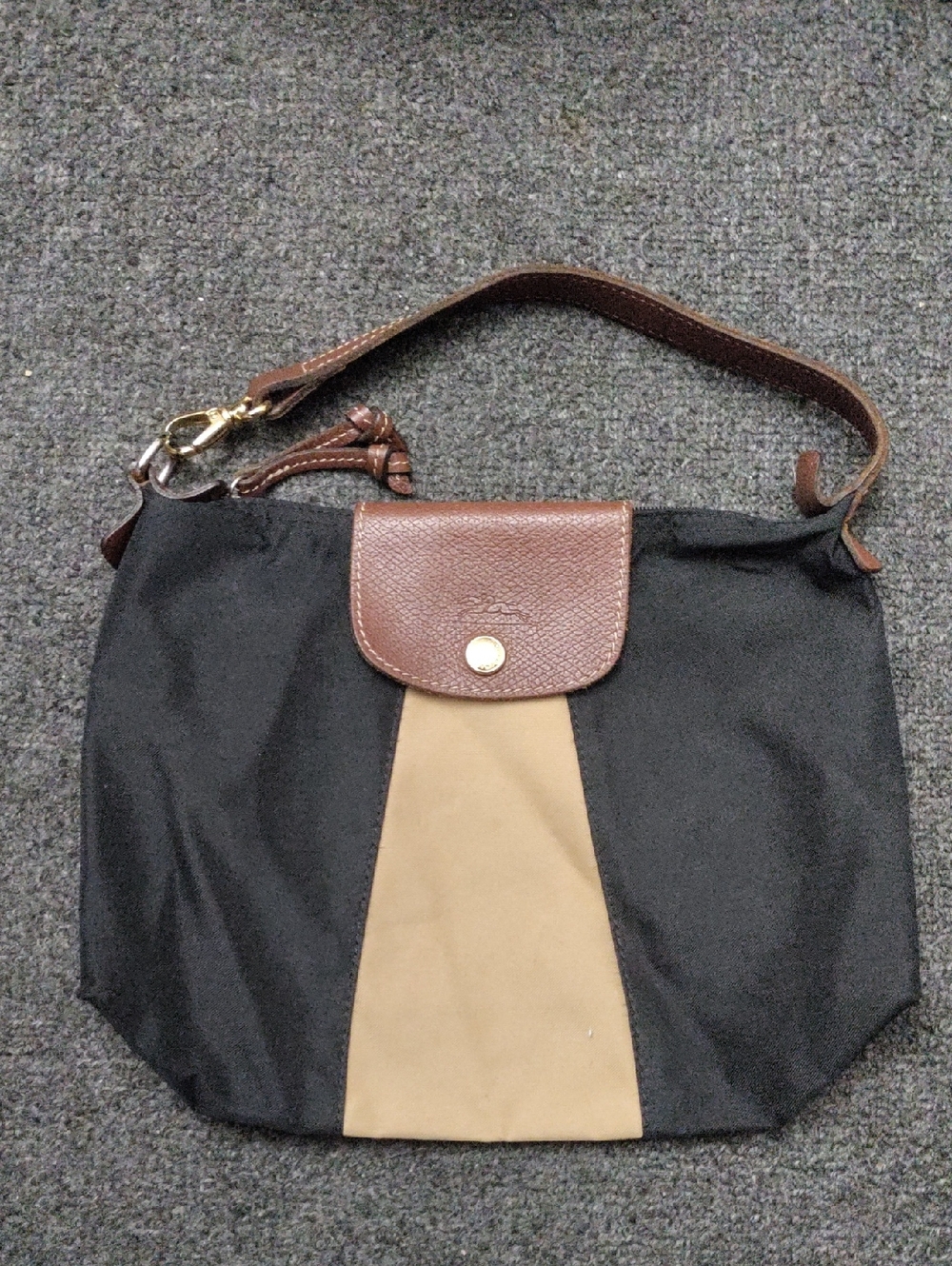 Longchamp Black/Tan Nylon Satchel with Brown Leather Trim